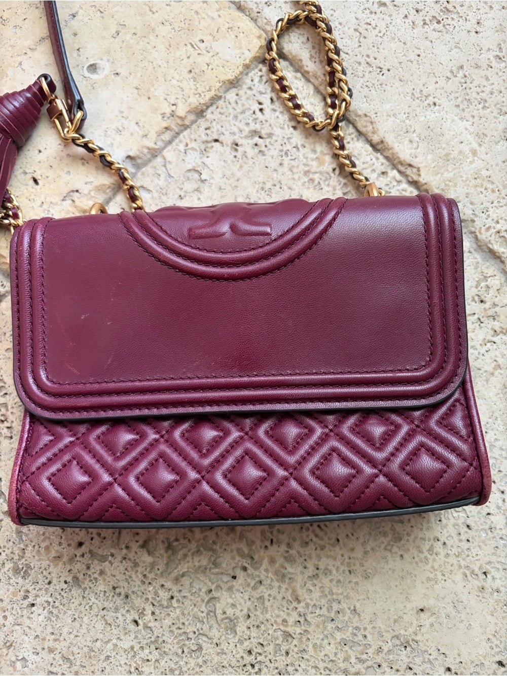 Tory Burch Quilted Wine Leather Crossbody with Gold Chain